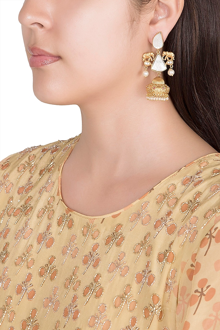 Gold Finish Faux Pearl & White Stone Earrings by VASTRAA Jewellery