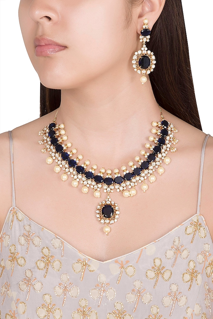 Gold Finish Faux Pearl & Blue Stones Necklace Set by VASTRAA Jewellery