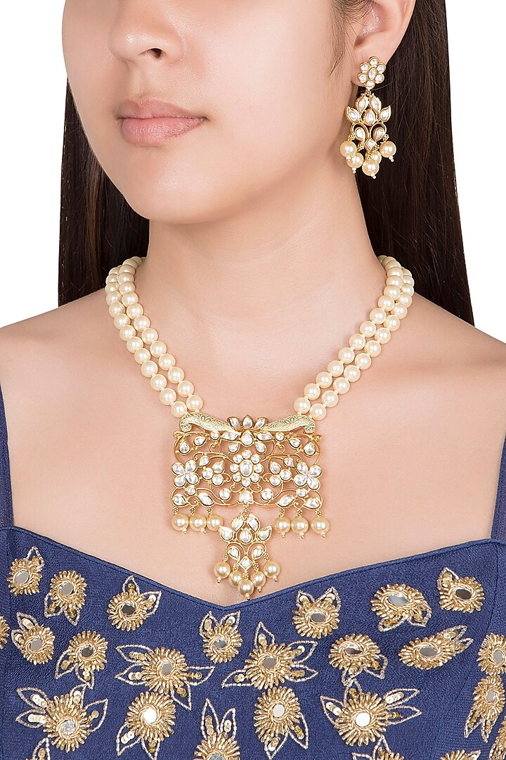 Gold Finish Faux Pearl & Kundan Enameled Pendant Necklace Set by VASTRAA Jewellery