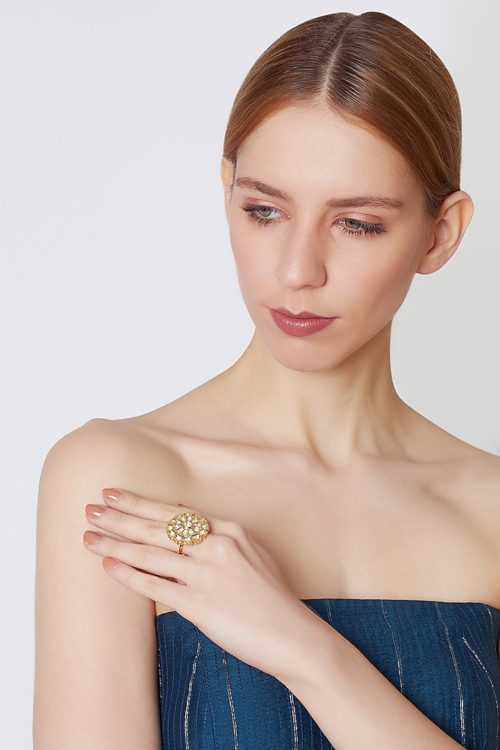 Gold Finish Kundan Polki Ring by VASTRAA Jewellery