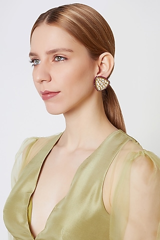 Gold Finish Kundan Polki & Red Beaded Stud Earrings by VASTRAA Jewellery