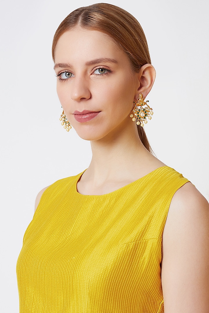 Gold Finish Kundan Polki Temple Earrings by VASTRAA Jewellery
