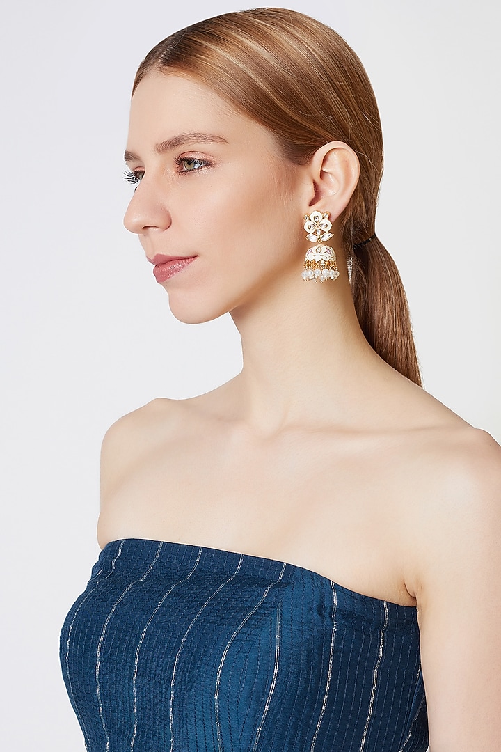 Gold Finish Kundan Polki Enameled Jhumka Earrings by VASTRAA Jewellery at Pernia's Pop Up Shop