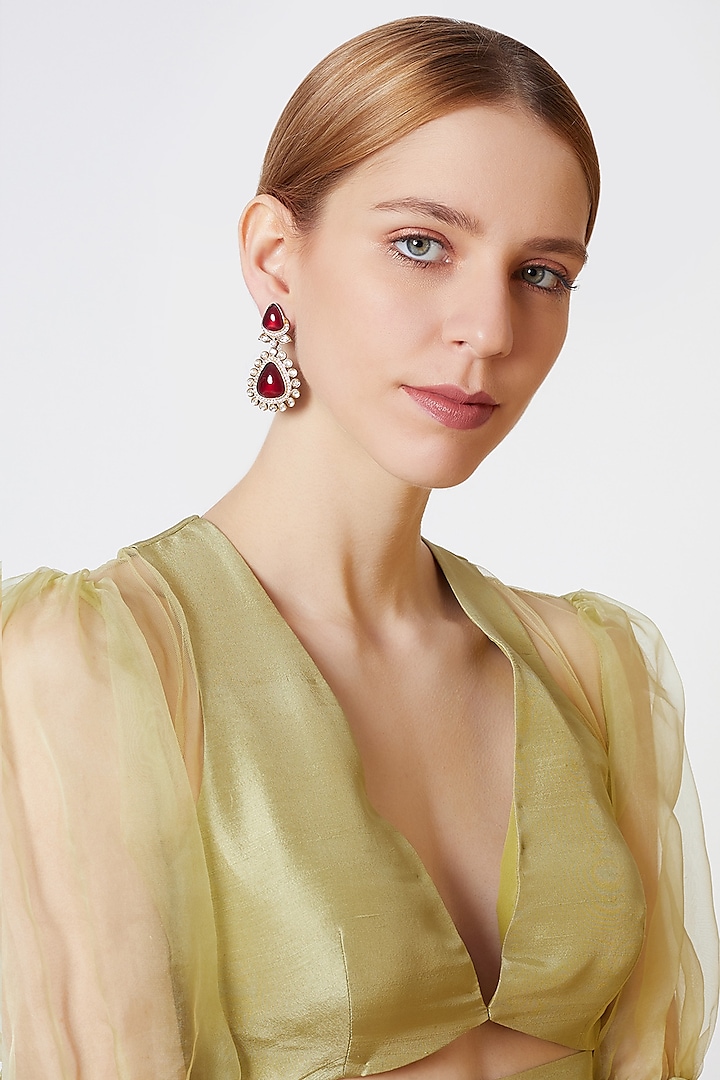 Gold Finish Kundan Polki & Red Stone Earrings by VASTRAA Jewellery