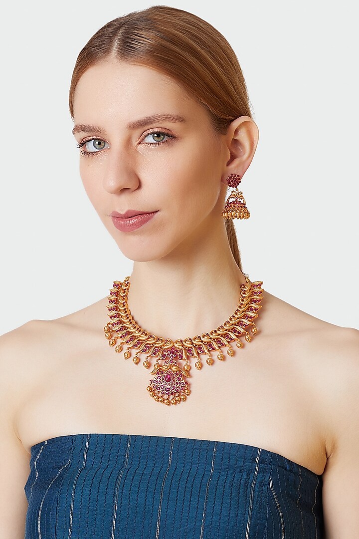 Gold Finish Red Stone Necklace Set by VASTRAA Jewellery