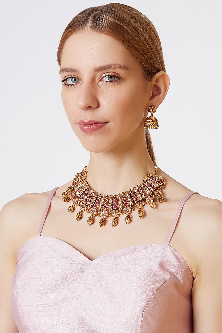 Gold Finish Red & White Kundan Polki Necklace Set by VASTRAA Jewellery