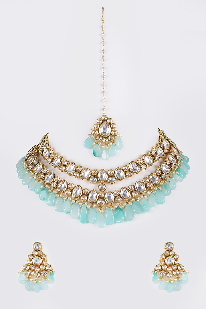 Gold Finish Kundan Polki Necklace Set by VASTRAA Jewellery at Pernia's Pop Up Shop