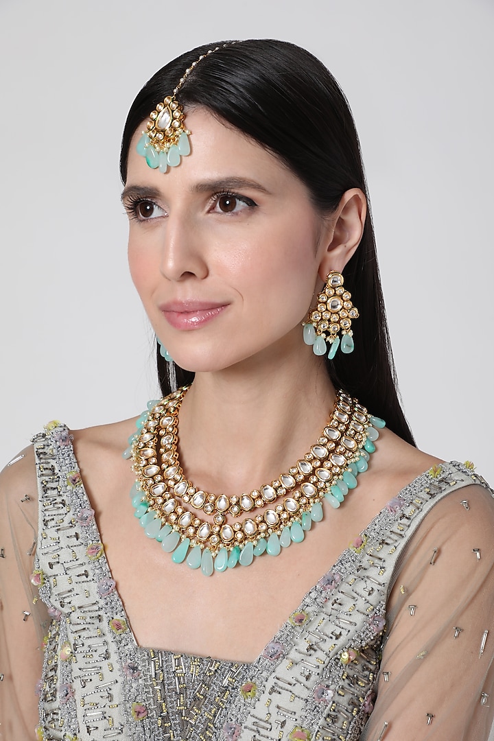 Gold Finish Kundan Polki Necklace Set by VASTRAA Jewellery