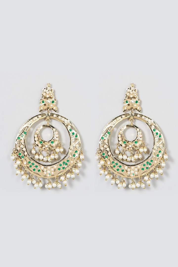 Gold Finish Beaded & Kundan Polki Chandbaali Earrings by VASTRAA Jewellery at Pernia's Pop Up Shop