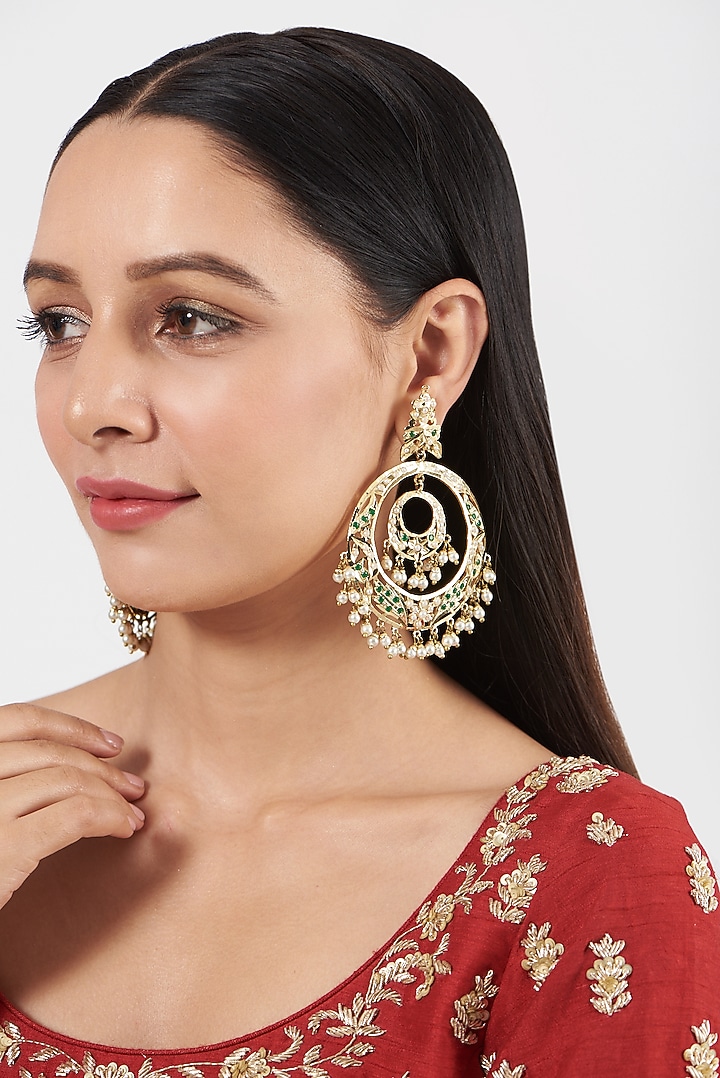 Gold Finish Beaded & Kundan Polki Chandbaali Earrings by VASTRAA Jewellery at Pernia's Pop Up Shop