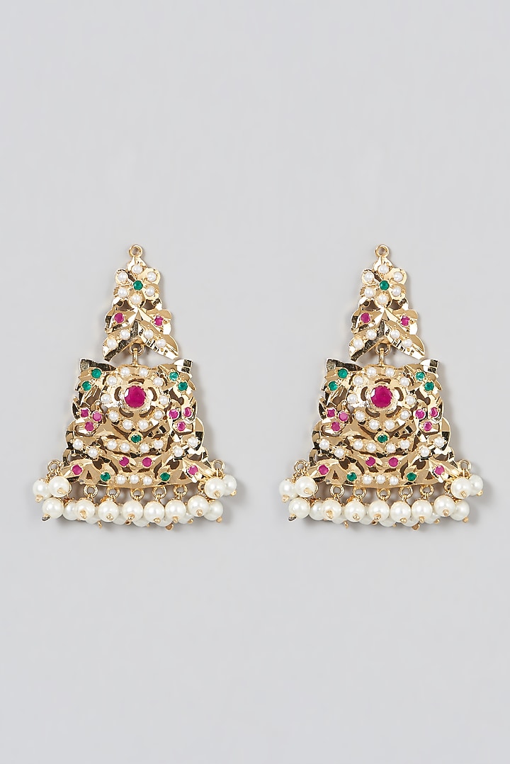Gold Finish Beaded & Kundan Polki Dangler Earrings by VASTRAA Jewellery at Pernia's Pop Up Shop