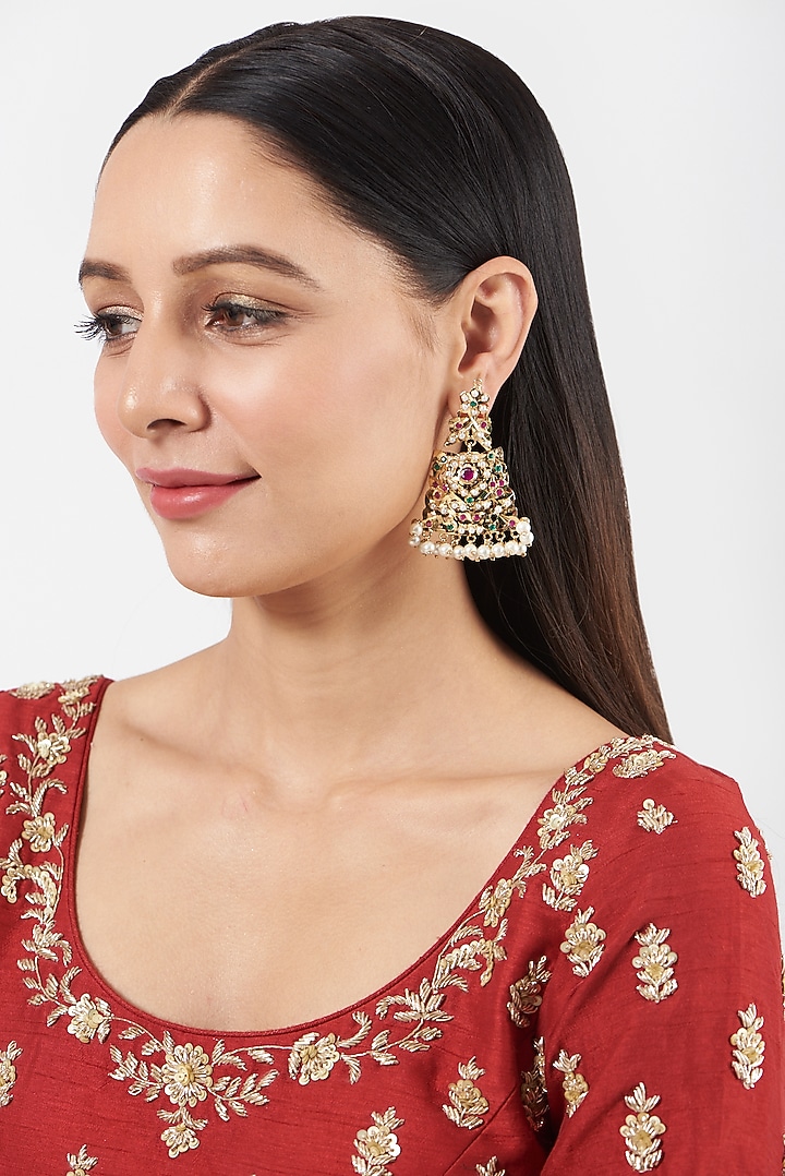 Gold Finish Beaded & Kundan Polki Dangler Earrings by VASTRAA Jewellery at Pernia's Pop Up Shop