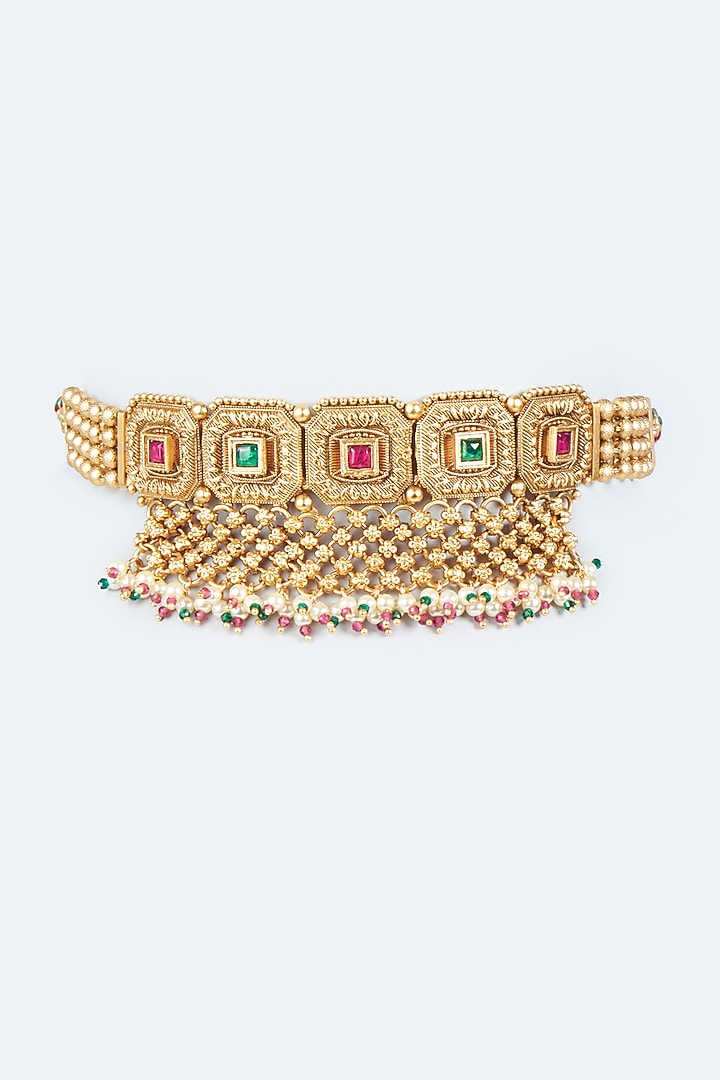 Gold Finish Pearl & Synthetic Stone Choker Necklace Set by VASTRAA Jewellery at Pernia's Pop Up Shop