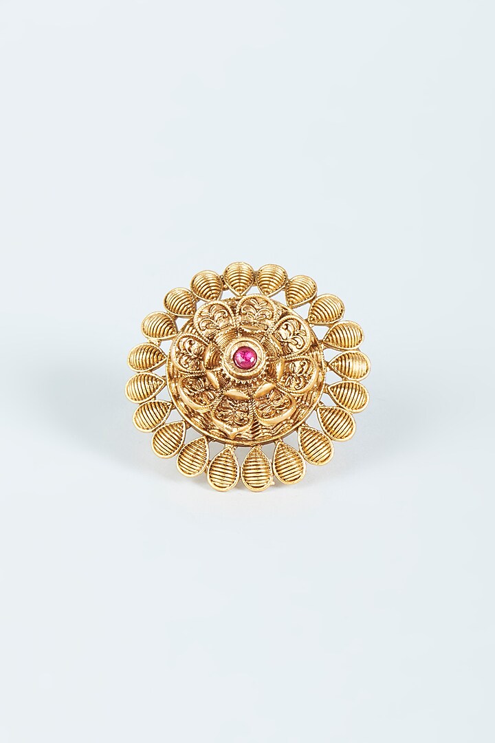 Gold Finish Red Synthetic Stone Ring by VASTRAA Jewellery at Pernia's Pop Up Shop