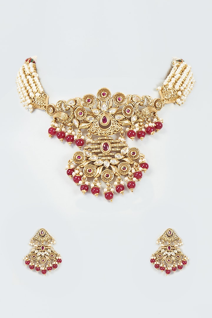 Gold Finish Kundan Polki Temple Choker Necklace Set by VASTRAA Jewellery at Pernia's Pop Up Shop
