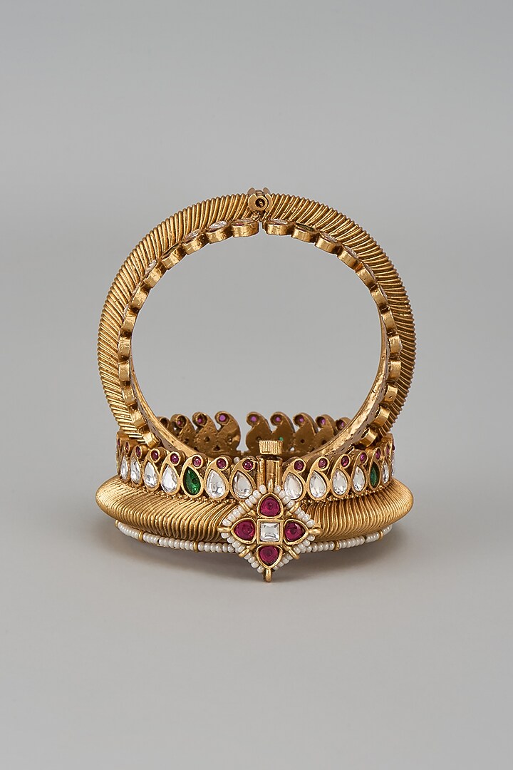 Gold Finish Kundan Polki & Green Stone Temple Bangles (Set Of 2) by VASTRAA Jewellery at Pernia's Pop Up Shop