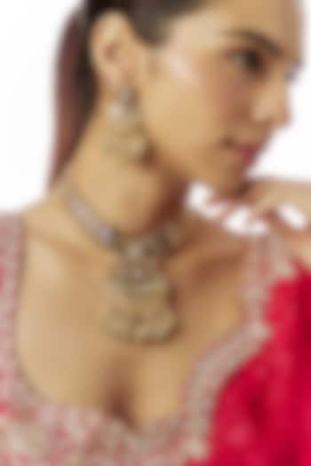Gold Finish Kundan Polki & Multi-Colored Stone Temple Choker Necklace Set by VASTRAA Jewellery at Pernia's Pop Up Shop