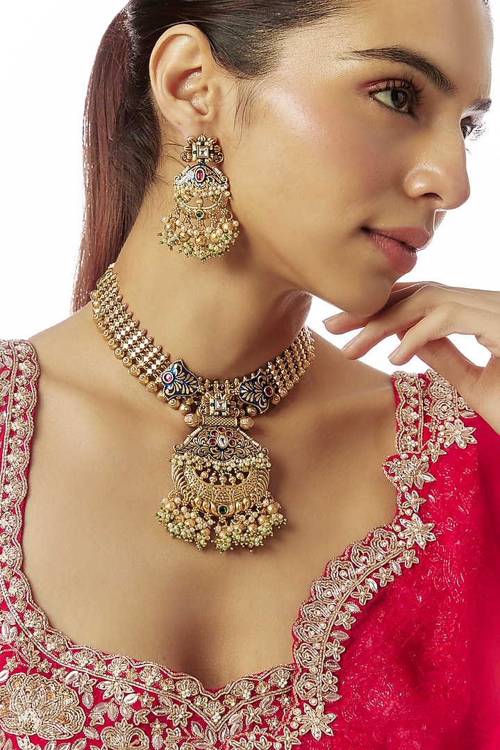 Gold Finish Kundan Polki & Multi-Colored Stone Temple Choker Necklace Set by VASTRAA Jewellery at Pernia's Pop Up Shop