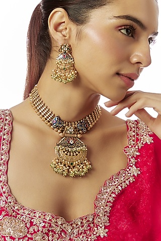 Gold Finish Kundan Polki & Multi-Colored Stone Temple Choker Necklace Set by VASTRAA Jewellery