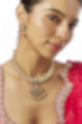 Gold Finish Kundan Polki & Pearl Temple Long Necklace Set by VASTRAA Jewellery at Pernia's Pop Up Shop