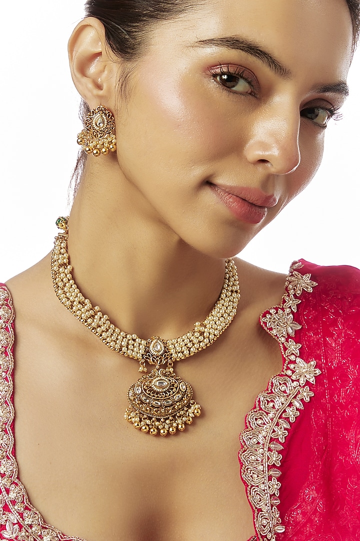 Gold Finish Kundan Polki & Pearl Temple Long Necklace Set by VASTRAA Jewellery at Pernia's Pop Up Shop