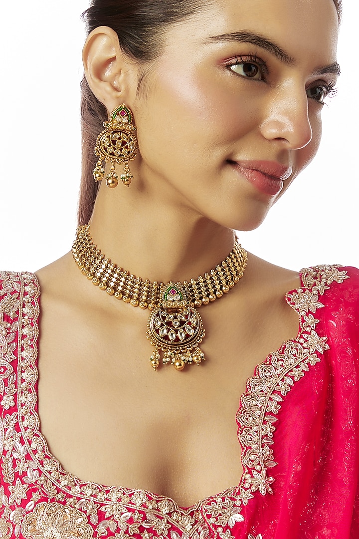 Gold Finish Temple Choker Necklace Set by VASTRAA Jewellery at Pernia's Pop Up Shop