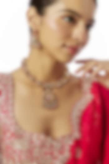 Gold Finish Kundan Polki & Multi-Colored Stone Temple Necklace Set by VASTRAA Jewellery at Pernia's Pop Up Shop
