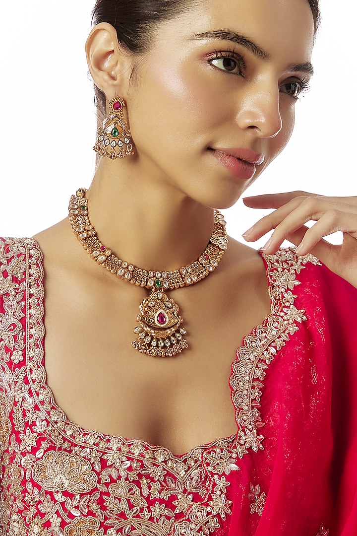 Gold Finish Kundan Polki & Multi-Colored Stone Temple Necklace Set by VASTRAA Jewellery at Pernia's Pop Up Shop