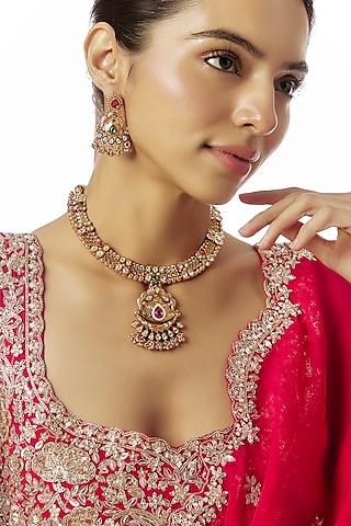 Gold Finish Kundan Polki & Multi-Colored Stone Temple Necklace Set by VASTRAA Jewellery