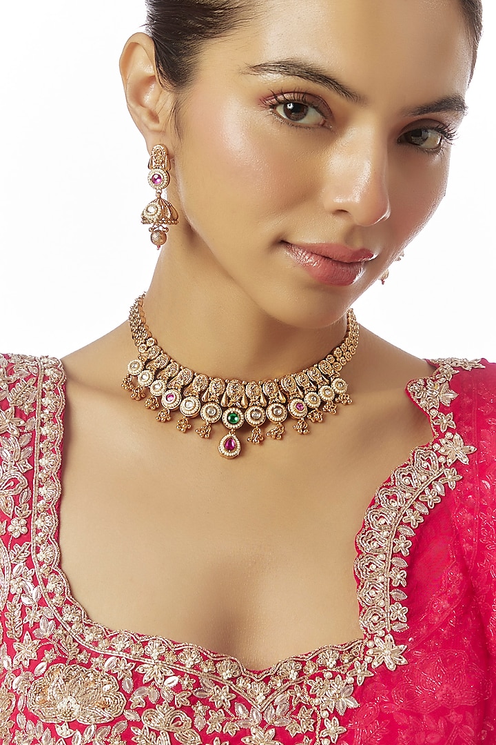 Gold Finish Kundan Polki & Multi-Colored Stone Temple Necklace Set by VASTRAA Jewellery at Pernia's Pop Up Shop