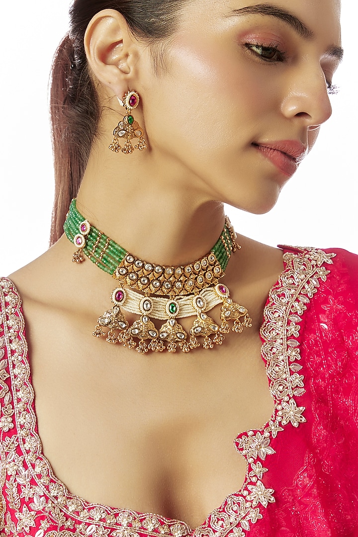 Gold Finish Kundan Polki & Multi-Colored Stone Temple Choker Necklace Set by VASTRAA Jewellery at Pernia's Pop Up Shop