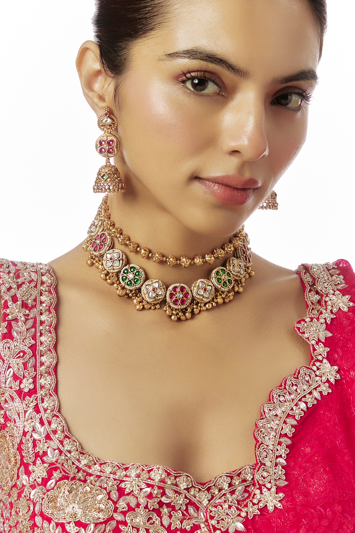 Gold Plated Multicolored Kundan Polki Long Necklace Set With Earrings