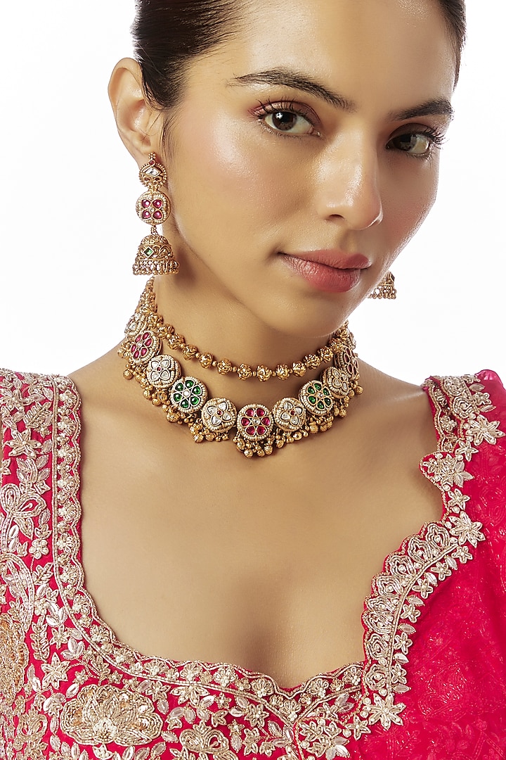 Gold Finish Kundan Polki & Multi-Colored Stone Temple Long Necklace Set by VASTRAA Jewellery