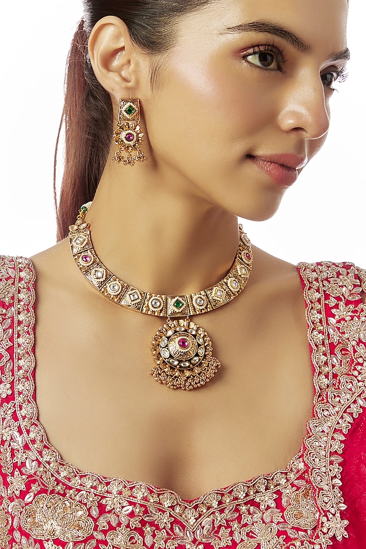 Gold Finish Kundan Polki & Multi-Colored Stone Temple Necklace Set by VASTRAA Jewellery