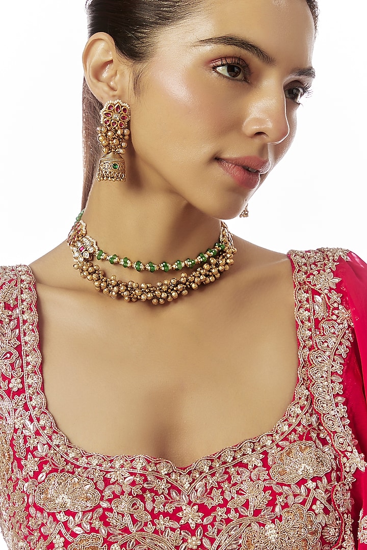 Gold Finish Kundan Polki & Multi-Colored Stone Temple Layered Necklace Set by VASTRAA Jewellery