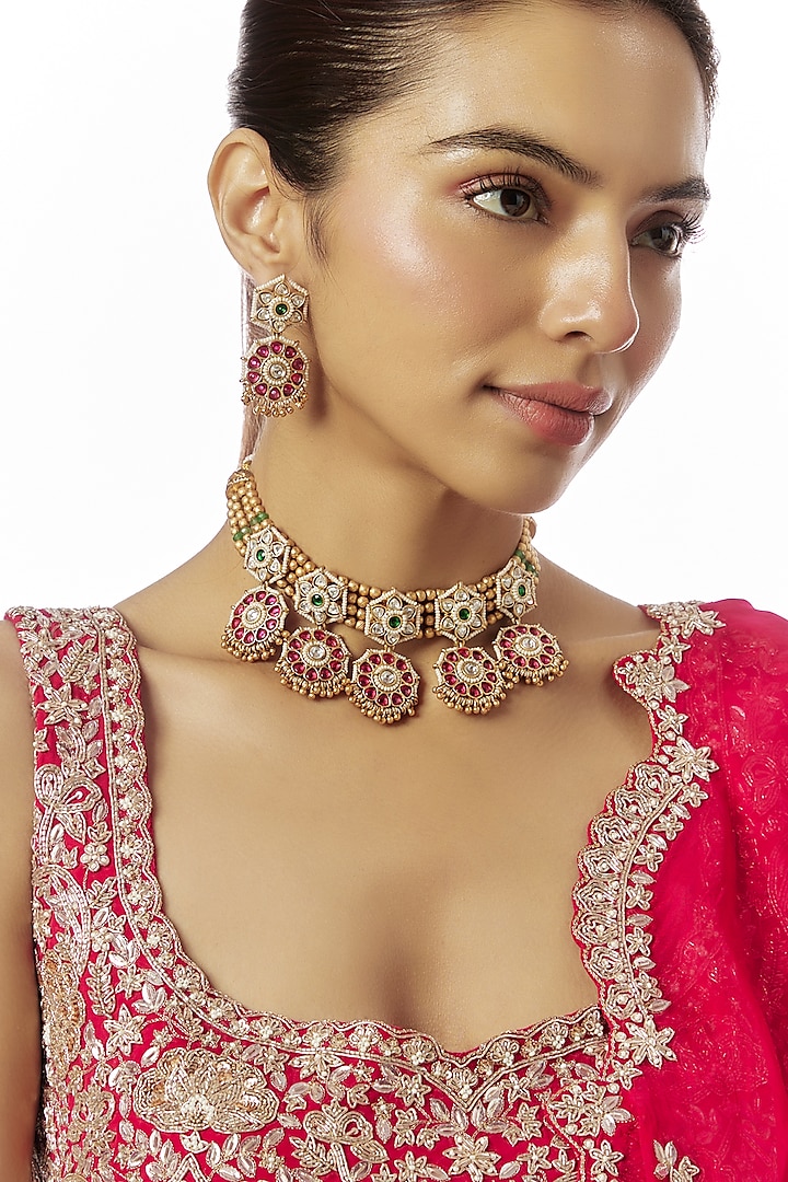 Gold Finish Kundan Polki & Red Stone Temple Choker Necklace Set by VASTRAA Jewellery