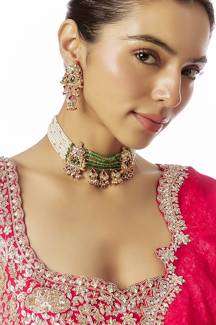 Gold Finish Kundan Polki & Green Stone Temple Choker Necklace Set by VASTRAA Jewellery