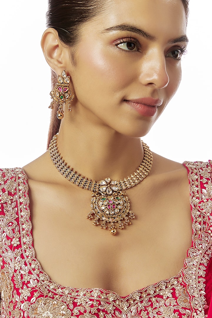 Gold Finish Kundan Polki & Multi-Colored Stone Temple Necklace Set by VASTRAA Jewellery