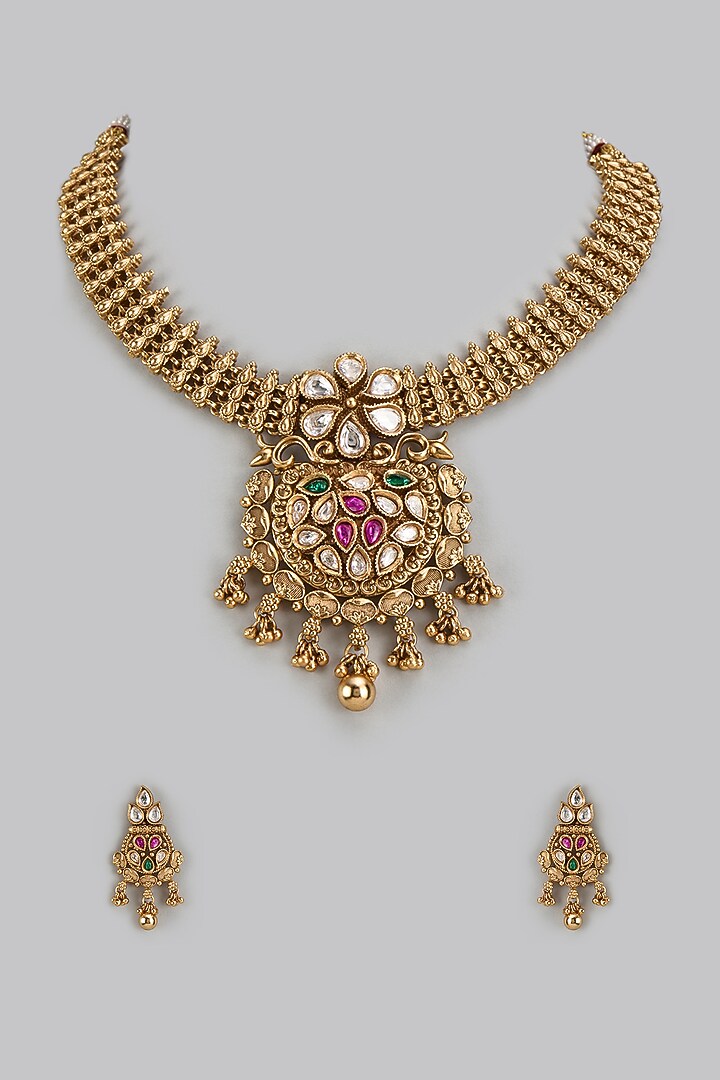 Gold Finish Kundan Polki & Multi-Colored Stone Temple Necklace Set by VASTRAA Jewellery at Pernia's Pop Up Shop