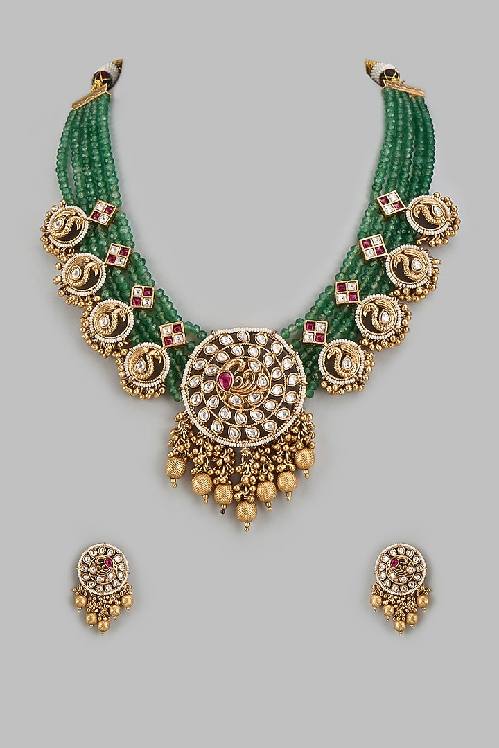 Gold Finish Kundan Polki & Green Stone Temple Necklace Set by VASTRAA Jewellery at Pernia's Pop Up Shop