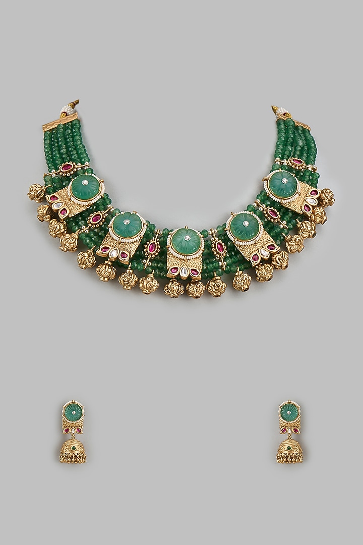 Gold Finish Kundan Polki & Green Stone Temple Choker Necklace Set by VASTRAA Jewellery at Pernia's Pop Up Shop