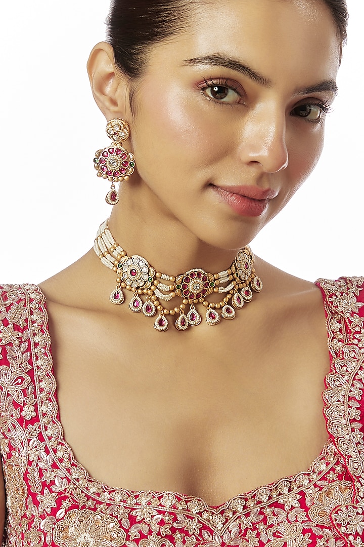 Gold Finish Kundan Polki & Red Stone Temple Choker Necklace Set by VASTRAA Jewellery