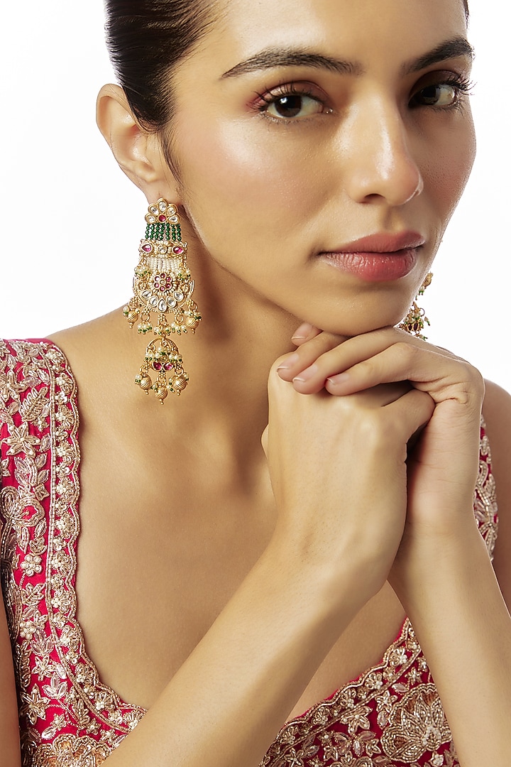 Gold Finish Kundan Polki & Multi-Colored Stone Temple Dangler Earrings by VASTRAA Jewellery at Pernia's Pop Up Shop