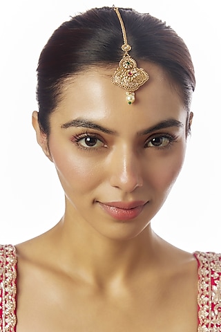 Gold Finish Kundan Polki & Multi-Colored Stone Temple Maangtikka by VASTRAA Jewellery
