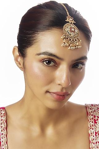 Gold Finish Kundan Polki & Red Stone Temple Maangtikka by VASTRAA Jewellery