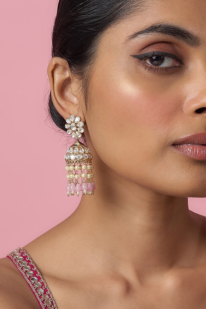 Gold Finish Kundan Polki & Pink Stone Temple Jhumka Earrings by VASTRAA Jewellery at Pernia's Pop Up Shop