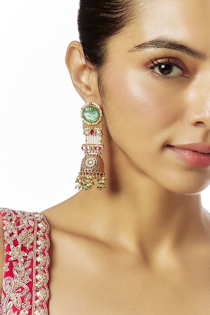 Gold Finish Kundan Polki & Green Stone Temple Jhumka Earrings by VASTRAA Jewellery at Pernia's Pop Up Shop