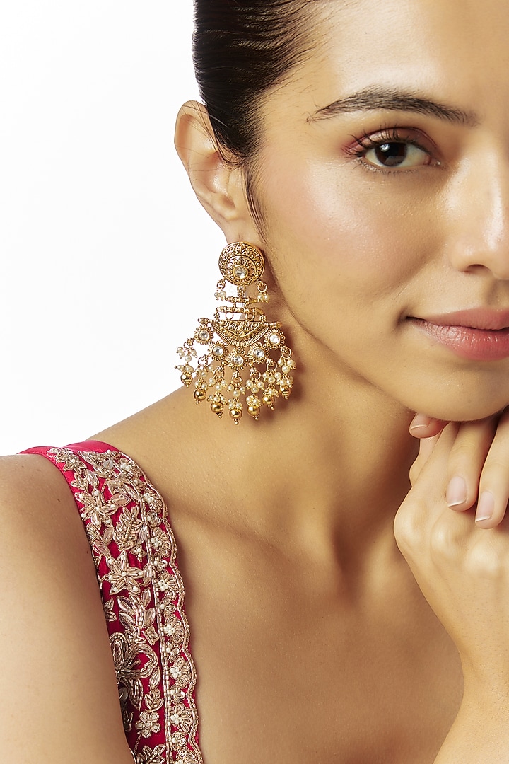 Gold Finish Kundan Polki & Red Stone Temple Dangler Earrings by VASTRAA Jewellery at Pernia's Pop Up Shop