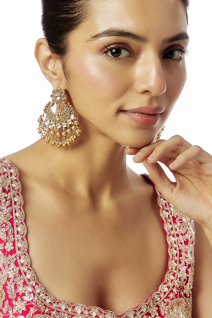Gold Finish Kundan Polki & Red Stone Temple Jhumka Earrings by VASTRAA Jewellery at Pernia's Pop Up Shop