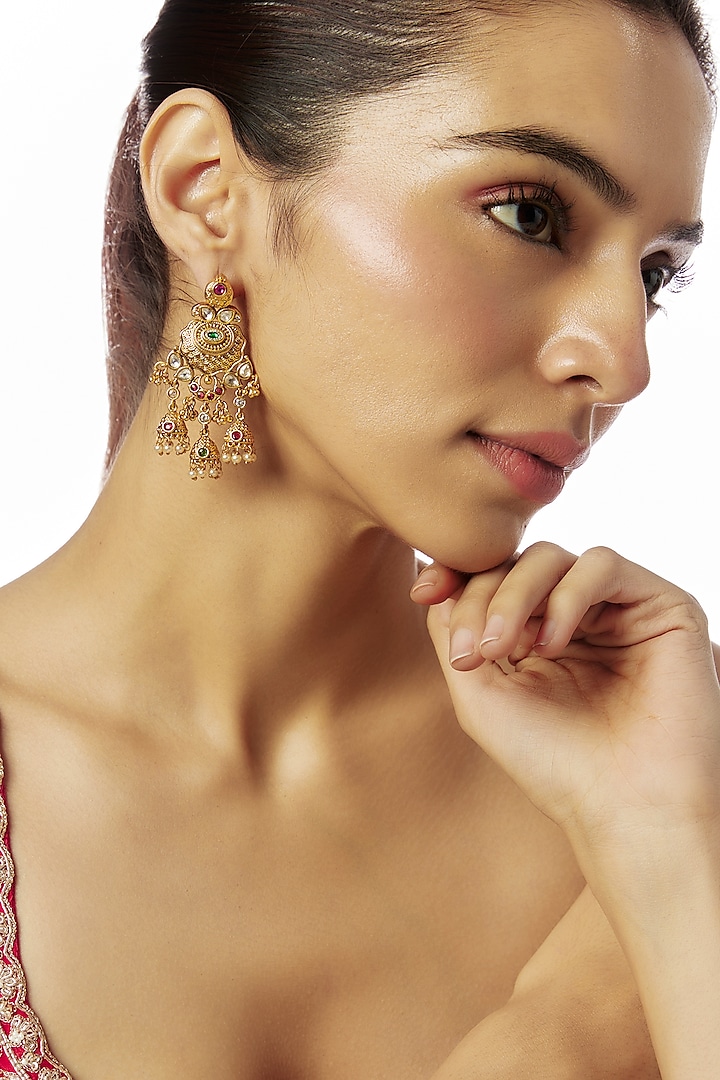  Gold Finish Kundan Polki & Multi-Colored Stone Temple Jhumka  Earrings by VASTRAA Jewellery